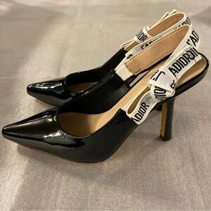 Dior Black Patent Leather Pointed Slingback Heels with White Logo Strap
